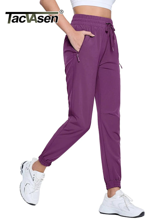 TACVASEN Quick Dry Hiking Pants Womens Outdoor Sports Drawstring Waist Joggers Waterproof Lightweight 3 Zipper Pockets Trousers