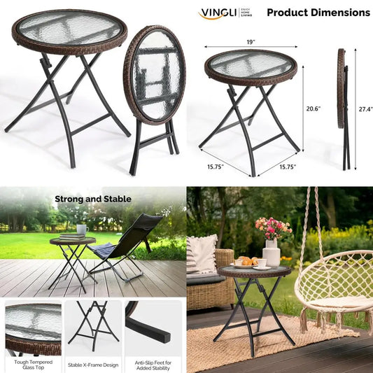 Folding Glass Outdoor Side Table - Woven Rattan Border, Compact Patio Table with Tempered Glass Top