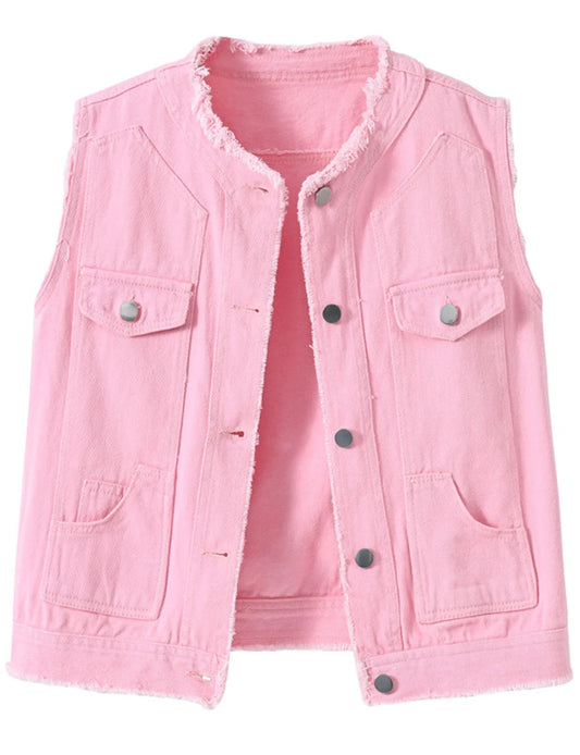 Women Candy Color Street Sleeveless Leisure Denim Vest - Women's Button Down Jean Waistcoat Outerwear Collarless Cowboy Jacket