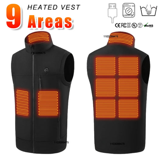 Winter 9 Areas Heated Vest USB Rechargeable Heated Jacket Men Women Keep Warm Hiking Vest Fishing Skiing Vests Heated Clothing